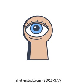Lock hole with eye. Observation through keyhole. Concept of espionage and computer security.