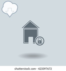 Lock house icon with shadow. Cloud of download with arrow.