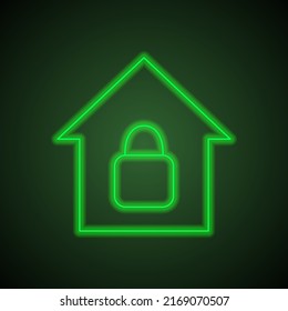 Lock, house simple icon. Flat design. Green neon on black background with green light.ai