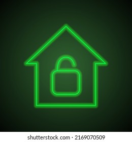 Bloquear, casa simple vector de icono. Diseño plano. Neón verde sobre fondo negro con luz verde.ai