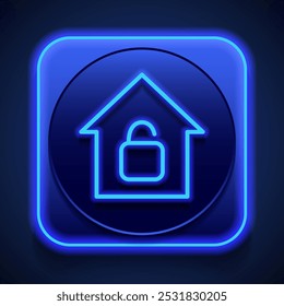 Lock, house simple icon vector. Flat design. Blue neon style on button. With shadow.ai