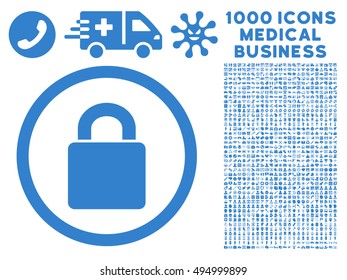 Lock icon with 1000 medical business cobalt vector design elements. Set style is flat symbols, white background.