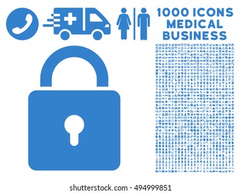 Lock icon with 1000 medical commercial cobalt vector design elements. Set style is flat symbols, white background.