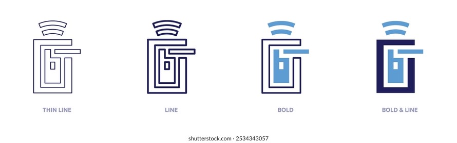 Icono de bloqueo en 4 estilos diferentes. Línea delgada, línea, negrita y línea negrita. Estilo duotono. Trazo editable.