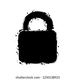 lock icon. Black ink with splashes on white background