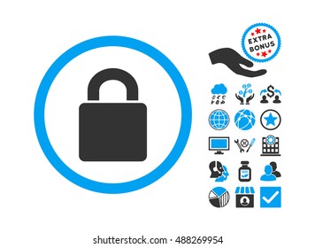 Lock icon with bonus design elements. Vector illustration style is flat iconic bicolor symbols, blue and gray colors, white background.