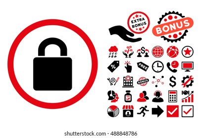 Lock icon with bonus images. Vector illustration style is flat iconic bicolor symbols, intensive red and black colors, white background.