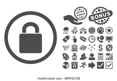 Lock icon with bonus pictures. Vector illustration style is flat iconic symbols, gray color, white background.