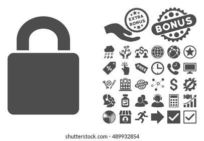 Lock icon with bonus pictures. Vector illustration style is flat iconic symbols, gray color, white background.