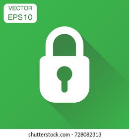 Lock icon. Business concept padlock locker pictogram. Vector illustration on green background with long shadow.