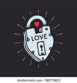 Lock icon in cartoon style with rays and heart isolated. Romantic symbol stock vector illustration.