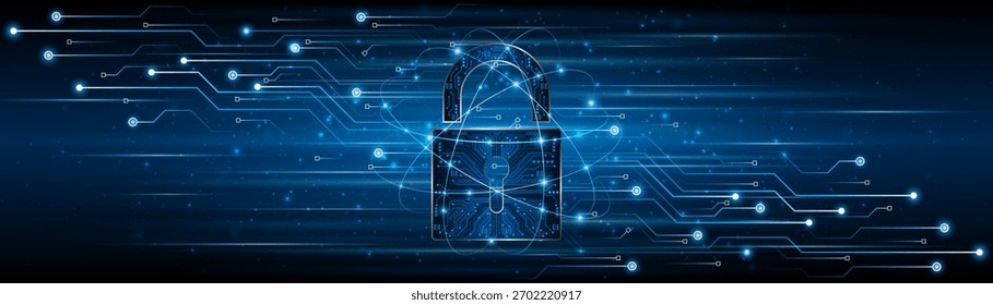 Icono de bloqueo con tecnología de placa de circuito, seguridad cibernética y protección de datos de privacidad. Concepto de innovación de la futura tecnología de seguridad.	