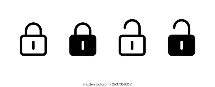 Lock icon. Closed and open padlock symbols representing secured and unsecured states vector illustration. Privacy and access control interface element symbol. Data security sign. Encryption pictogram.