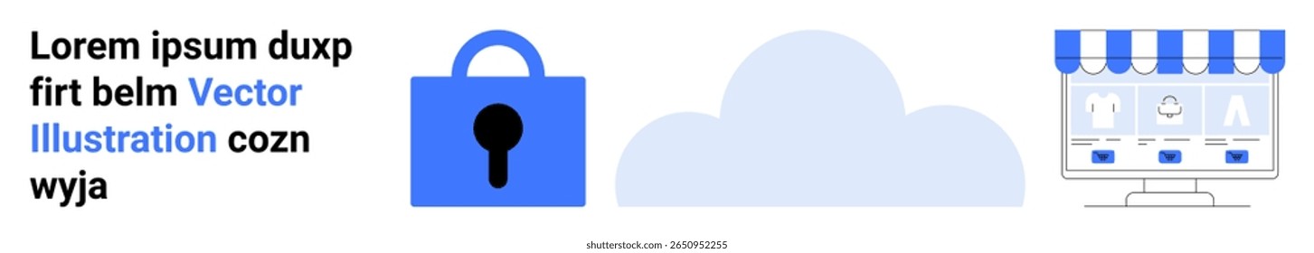 Lock icon, cloud graphic, and an online shopping storefront. Ideal for cybersecurity, cloud services, e-commerce, data protection, online shopping, technology, web services. Banner for landing page