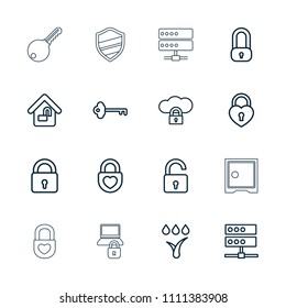Lock icon. collection of 16 lock outline icons such as server, cloud protection, watering system, key, safe, shield. editable lock icons for web and mobile.