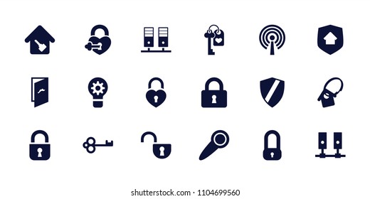 Lock icon. collection of 18 lock filled icons such as key, server, home key, home key tag, home security, door knob, shield. editable lock icons for web and mobile.