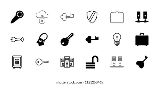 Lock icon. collection of 18 lock filled and outline icons such as server, home key tag, door knob, key, shield, safe, keyhole. editable lock icons for web and mobile.