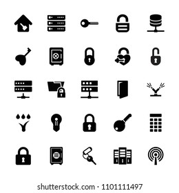 Lock icon. collection of 25 lock filled icons such as door, safe, key, server, folder protection, home key, watering system, intercom. editable lock icons for web and mobile.