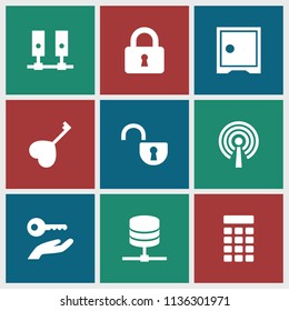 Lock icon. collection of 9 lock filled icons such as heart key, server, intercom, key on hand. editable lock icons for web and mobile.