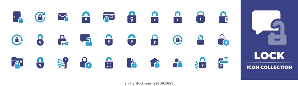 Lock icon collection. Duotone color. Vector illustration. Containing padlock, rotation lock, lock, secure payment, rotate, unprotected, locked, folder, electronic key, timer, secure data.
