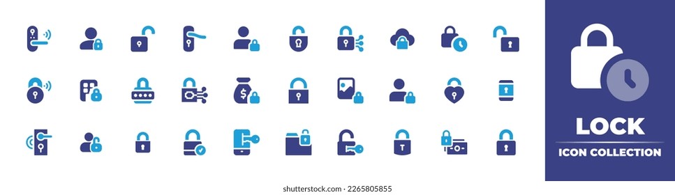 Lock icon collection. Duotone color. Vector illustration. Containing smart door, lock, open padlock, door handle, user, unlock, cyber security, cloud, time, protection, pin, money sack, locked.