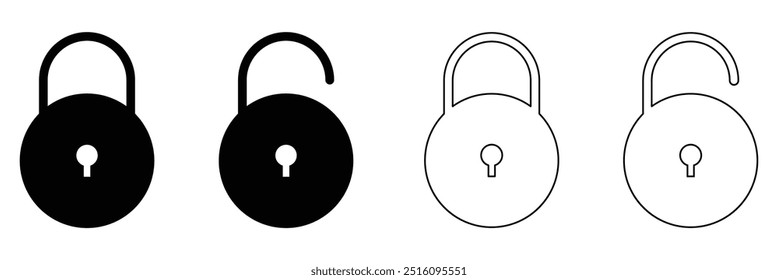 Lock icon collection. Locked and unlocked black line icon set. Flat security symbol. Lock symbol isolated on white background. Padlock symbol. Privacy symbol vector stock illustration. Eps file 73.