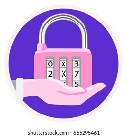Lock Icon. Concept password, blocking, security. Hand holding locked padlock in pink and purple colors. Flat design, vector illustration, vector.