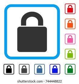Lock icon. Flat gray pictogram symbol in a blue rounded rectangular frame. Black, gray, green, blue, red, orange color additional versions of Lock vector. Designed for web and application interfaces.