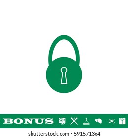 Lock icon flat. Green pictogram on white background. Vector illustration symbol and bonus button