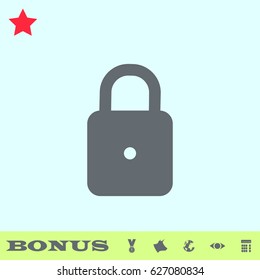 Lock icon flat. Grey pictogram on blue background. Vector illustration symbol and bonus buttons medal, cow, earth, eye, calculator