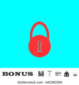 Lock icon flat. Red pictogram on blue background. Vector illustration symbol and bonus buttons Music center, corkscrew, credit card, house, drum