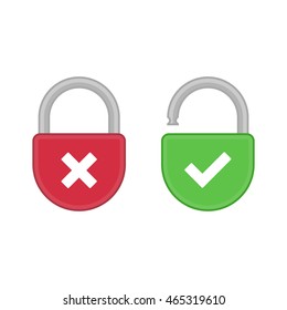 Lock icon in flat style. Green and red padlocks shapes illustration. Lock closed and open. Password, blocking or security concept. 