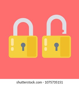 Lock icon in flat style. Lock open and lock closed. Concept password, blocking, security. Lock symbol isolated on colored background.