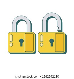 Lock icon in flat style. Lock open and lock closed. Concept password, blocking, security. Lock symbol isolated colored backgroun