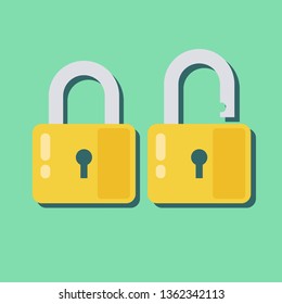 Lock icon in flat style. Lock open and lock closed. Concept password, blocking, security. Lock symbol isolated colored backgroun