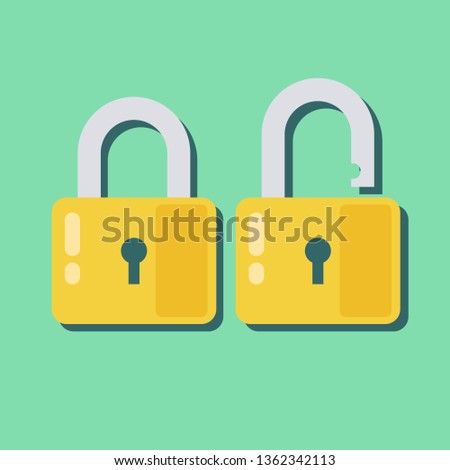 Lock icon in flat style. Lock open and lock closed. Concept password, blocking, security. Lock symbol isolated colored backgroun