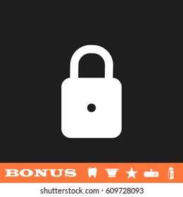 Lock icon flat. White pictogram on black background. Vector illustration symbol and bonus button tooth, vase, star, mirror, bottle