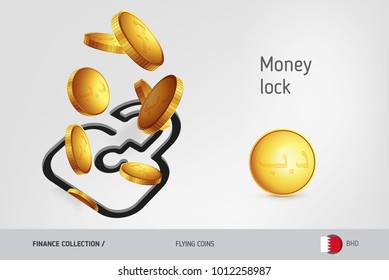 Lock icon with flying Bahraini Dinar coins, finance concept. Vector illustration for print, websites, web design, mobile app, infographics.