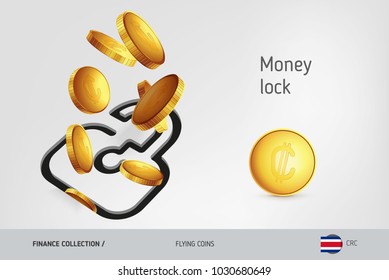 Lock icon with flying Costa Rican Colon coins, finance concept. Vector illustration for print, websites, web design, mobile app, infographics.