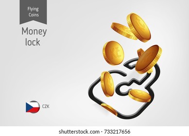 Lock icon with flying Czech Koruna coins, finance concept. Vector illustration for print, websites, web design, mobile app, infographics.