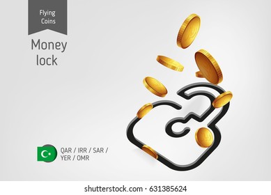 Lock icon with flying islamic rial coins, finance concept.