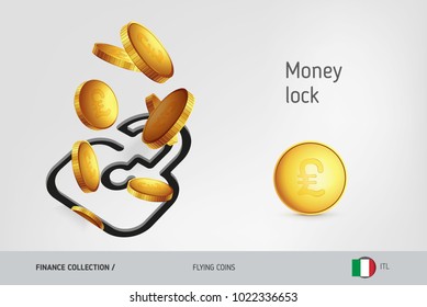 Lock icon with flying Italian Lira coins, finance concept. Vector illustration for print, websites, web design, mobile app, infographics.