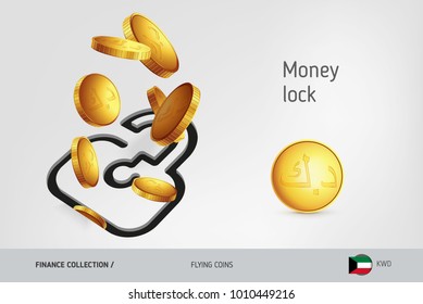 Lock icon with flying Kuwaiti Dinar coins, finance concept. Vector illustration for print, websites, web design, mobile app, infographics.