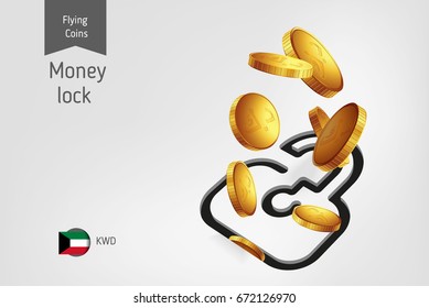 Lock icon with flying Kuwaiti dinar coins, finance concept.