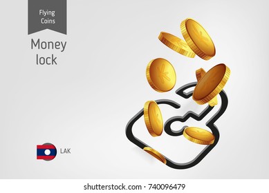 Lock icon with flying Laos Kip coins, finance concept. Vector illustration for print, websites, web design, mobile app, infographics.