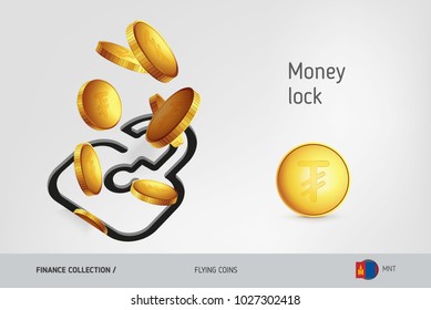 Lock icon with flying Mongolian Tughrik coins, finance concept. Vector illustration for print, websites, web design, mobile app, infographics.