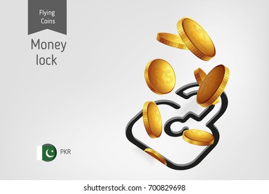 Lock icon with flying Pakistani Rupee coins, finance concept.