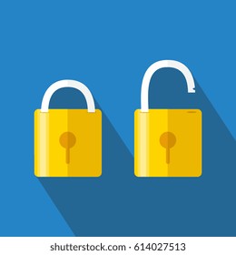 Lock icon, isolated on colored background. Vector. Opened and closed locks. Flat style. Concept of password, blocking, security. 