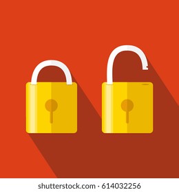 Lock icon, isolated on colored background. Vector. Opened and closed locks. Flat style. Concept of password, blocking, security. 