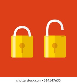 Lock icon, isolated on colored background. Vector. Opened and closed locks. Flat style. Concept of password, blocking, security. 